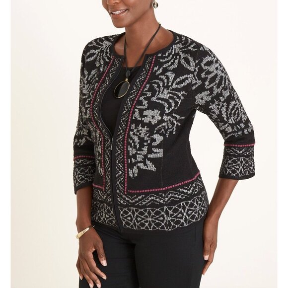 Chico's Size 2 = Large Women Structured Jacquard Cardigan Jacket‎ Sweater Zip - Picture 1 of 8